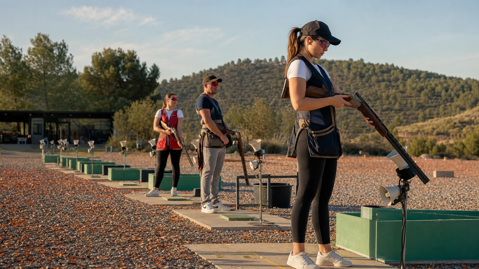 Tiradores de Plato Trap en linea de competicion
